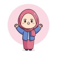 süß glücklich Hijab Mädchen Hände oben kawaii Chibi eben Charakter vektor