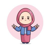 süß Hijab Mädchen mit Frieden Zeichen im Blau und Rosa Kleid kawaii Chibi vektor