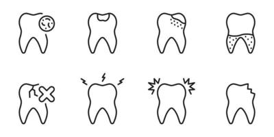 Dental medizinisch Probleme Linie Symbol Satz. geknackt und gebrochen Zahn, Karies, Zahnschmerzen linear Piktogramm. Zahnheilkunde Gliederung Symbol. Dental Behandlung unterzeichnen. editierbar Schlaganfall. isoliert Vektor Illustration.