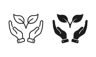 Hand hält organisch Blatt Linie und Silhouette Symbol Satz. keimen Öko-Landwirtschaft Piktogramm. Anbau Grün Ökologie Pflanze Symbol Sammlung auf Weiß Hintergrund. isoliert Vektor Illustration.