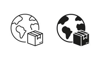 värld bred leverans paket låda och klot silhuett och linje ikon uppsättning. internationell frakt industri piktogram. global över hela världen importera exportera detaljhandeln. redigerbar stroke. isolerat vektor illustration.