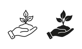 ekologi organisk fröplanta linje och silhuett ikon uppsättning. tillväxt eco träd miljö. växt i mänsklig hand symbol samling på vit bakgrund. lantbruk begrepp. isolerat vektor illustration.