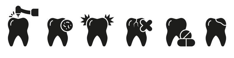 dental procedur silhuett ikon uppsättning. ortodontisk vård, tand med karies glyf piktogram. dental behandling fast tecken. tand borrning, knäckt tänder. tandvård symbol. isolerat vektor illustration.