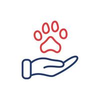 lineares Symbol für Tierpfote und menschliche Hand. tierspenden-, pflege- und schutzkonzept. Adoption von Haustieren, Tierheim, Symbol für die Wohltätigkeitslinie. Tierschutz-Piktogramm. editierbarer Strich. Vektor-Illustration. vektor