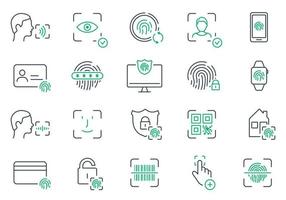 biometrisk Identifiering linje ikon uppsättning. ansikte id, Rör id Färg piktogram. fingeravtryck, ansiktsbehandling identitet Lösenord översikt symbol. säkerhet verifiering. redigerbar stroke. isolerat vektor illustration.