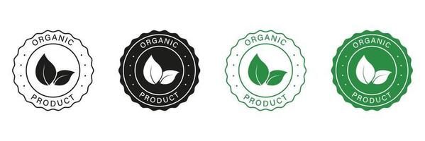organisk mat märka uppsättning. bio friska eco mat linje och silhuett tecken. 100 procent organisk grön och svart ikoner. naturlig och ekologi produkt vegan mat klistermärke. isolerat vektor illustration.