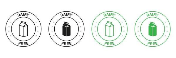 mejeri fri grön och svart stämpel uppsättning. Nej ko mjölk laktos märka. fri mejeri diet symbol. laktos intolerans allergi ingrediens tecken. icke mejeri, friska mat logotyp. isolerat vektor illustration.