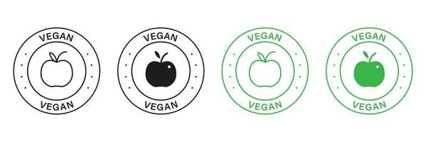 vegan Grün und schwarz Briefmarke Satz. Vegetarier Essen Etiketten. organisch Produkt zum vegan Symbol. natürlich Essen zum Vegetarier unterzeichnen. bio gesund frisch Gemüse. vegan Abzeichen. isoliert Vektor Illustration.