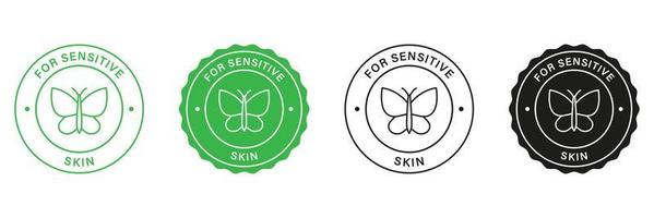 dermatologi frimärken uppsättning för känslig hud. kosmetisk grön och svart etiketter. naturlig Ingredienser symbol klistermärke för känslig hud. isolerat vektor illustration.