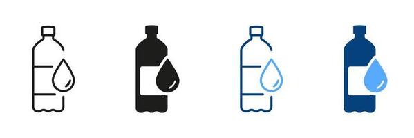 vatten flaska silhuett och linje ikon uppsättning. plast flaska för drycker, mineral vatten, juice, soda svart och Färg tecken. återvinna flaska symbol samling. isolerat vektor illustration.