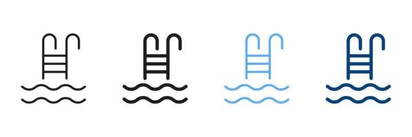 Schwimmen Schwimmbad Leiter Silhouette und Linie Symbol Satz. Treppe zum schwimmen Schwimmbad schwarz und Farbe unterzeichnen. Sommer- Urlaub, Entspannung, Sport Übung im Schwimmbad Symbol Sammlung. isoliert Vektor Illustration.