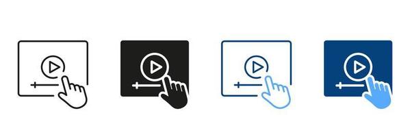 video Handledningar silhuett och linje ikon uppsättning. video spelare med mus pekare Färg tecken. e-learning och uppkopplad utbildning. avlägsen utbildning och uppkopplad webinar piktogram. isolerat vektor illustration.