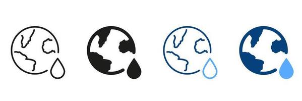 planet jord och vatten släppa silhuett och linje ikon uppsättning. spara vatten begrepp. värld vatten dag. global flytande Resurser av jorden. symbol av ekologi och miljö. isolerat vektor illustration.