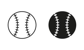 Baseball Ball schwarz Silhouette und Linie Symbol Satz. Ball zum abspielen Sport Spiel solide und Gliederung Symbol Sammlung auf Weiß Hintergrund. isoliert Vektor Illustration.