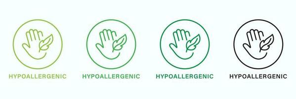 hypoallergen sicher Produkt Linie Grün und schwarz Symbol Satz. hypo allergen kosmetisch zum empfindlich Haut Hygiene Gliederung Piktogramm. Allergen frei, Hand und Feder Symbol. isoliert Vektor Illustration.