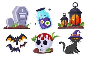 halloween element vektor uppsättning med gravsten, lykta, fladdermöss, skalle och svart katt. design element för traditionell och kulturell Semester begrepp.