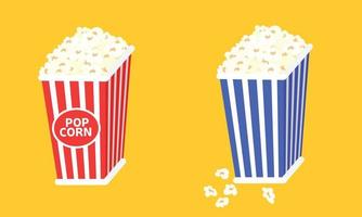 två popcorn lådor med de ord popcorn på dem. blå och röd förpackningar av popcorn. vektor illustration.