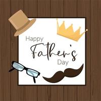 Karte zum Vaters Tag mit Männer Symbole. Platz mit Krone, Schnurrbart, Hut und Brille. Vektor Abbildung.