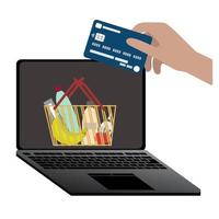 online Einkaufen Konzept mit öffnen Laptop und Hand mit Bank Karte. Einkaufen Wagen bestellt im das online speichern. Zahlung durch Karte vektor
