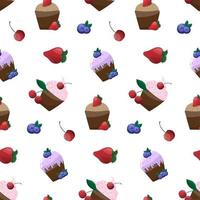 nahtlos Hintergrund mit Süss lecker Cupcakes mit Beeren. Verpackung Papier, Geburtstag vektor