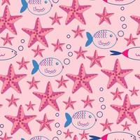 tecknad serie hav djur bakgrund. sömlös mönster med söt rolig sjöstjärna. rosa bakgrund. vektor