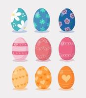 uppsättning av påsk ägg annorlunda färger och texturer. Lycklig påsk vår Semester. påsk ägg vektor illustration med blommor, hjärtan och Ränder.