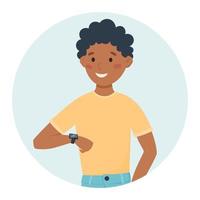pojke ser på en kondition armband på hans handled. använder sig av smart Kolla på. vektor platt illustration av ett afrikansk amerikan man.