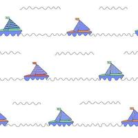 farbig Boote im das Meer nahtlos Muster. Schiffe auf das Wellen wiederholt Ornament. anders Texturen Segel. Vektor Illustration zum Textil, Stoff, Hintergrund, Kinder Sachen, Kindergarten, Hintergrund, Verpackung.