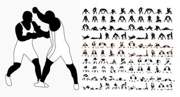 stor uppsättning 100 silhuetter idrottare brottare i brottning, duell, bekämpa. greco roman brottning, krigisk konst, idrott vektor
