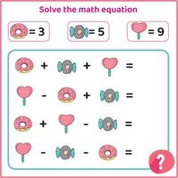 barns pedagogisk räkning spel. matematik aktivitet för ungar. lösa ekvation. logik arbetsblad. utmaning uppgifter. hjärtans dag matematik arbetsblad. vektor