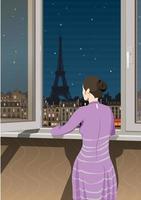 en kvinna på en balkon utseende på de natt stad. vektor. vektor