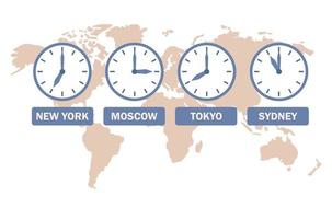 tid zoner ikon. klockor som visar lokal- tidszon. internationell tid och datum. över hela världen företag. vektor platt illustration
