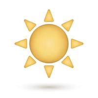 3d Gelb Sonne Symbol mit matt Glanz. süß Sommer- Design Element. Karikatur Stil Vektor Illustration auf Weiß Hintergrund mit Schatten unterhalb.