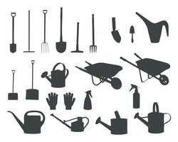 trädgård verktyg silhuett, trädgårdsarbete verktyg och utrustning silhuett, trädgård verktyg vektor