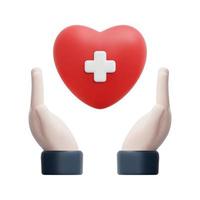 3d händer innehav röd hjärta ikon vektor. isolerat på vit bakgrund. 3d hälsa försäkring begrepp. tecknad serie minimal stil. 3d ikon vektor framställa illustration.
