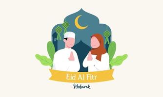 Lycklig muslim människor fira eid al-fitr mubarak illustration vektor