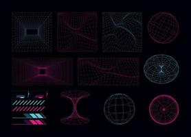 geometrisk retro trådmodell 3d former, trogen och cyberpunk rutnät element med rave stil, abstrakt bakgrund med lysande neon lampor vektor