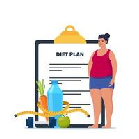 fett kvinna stående på väga vågar. diet planen checklista. friska mat och sporter. vektor illustration.