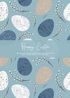 Ostern Karte. nahtlos Muster mit Ostern Eier auf Blau Hintergrund im Natur Stil. Vektor zum Poster, drucken, Postkarte, Einladung, Gruß, Schild.