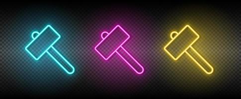 Hammer Vektor Symbol Gelb, Rosa, Blau Neon- Satz. Werkzeuge Vektor Symbol auf dunkel Hintergrund