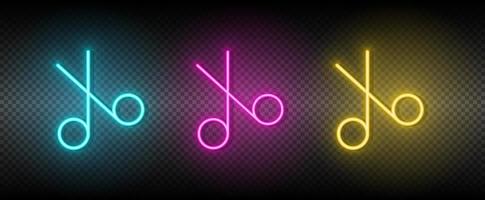 Schere Vektor Symbol Gelb, Rosa, Blau Neon- Satz. Werkzeuge Vektor Symbol auf dunkel Hintergrund