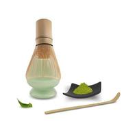 realistisk detaljerad 3d matcha pulver på svart tallrik, te skopa och vispa tillverkad av bambu japansk te begrepp. vektor