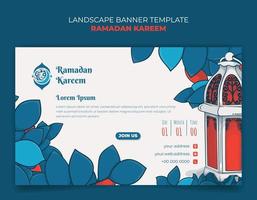 Ramadan Banner Vorlage im Landschaft Design mit Laterne Design und Blau rot Blätter vektor