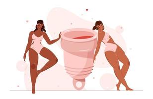 Menstruation- Tasse und zwei Frauen mit Hygiene Zubehör. Zeitraum Leistung Konzept. vektor