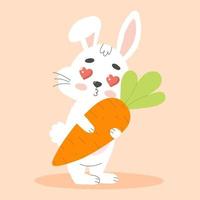 süß Weiß Ostern Hase Umarmungen groß Karotte. Karikatur Vektor Illustration.