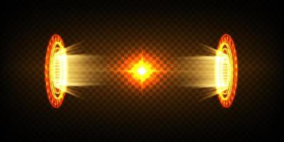 Magie Portale auf das Nacht Szene. golden runden Hologramme mit Strahlen von Licht und funkelt. glühend futuristisch teleportieren Tunnel mit Kopieren Raum auf schwarz Hintergrund vektor