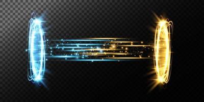 magi portaler på de natt scen. blå och guld runda hologram med strålar av ljus och gnistrar. lysande trogen teleport tunnel med kopia Plats på svart bakgrund. vektor