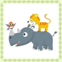 rolig noshörning med tiger och fågel i löv ram gräns, vektor tecknad serie illustration