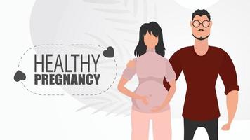 gesund Schwangerschaft. Mann und schwanger Frau. ein jung Familie ist erwarten ein Baby. glücklich Schwangerschaft. Vektor im Karikatur Stil.