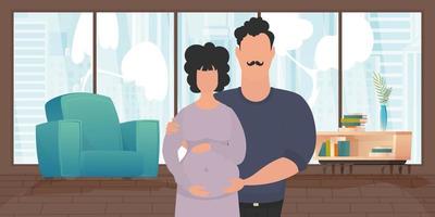 Mann und schwanger Frau. Poster auf das Thema jung Familie ist warten zum das Geburt von ein Kind. glücklich Schwangerschaft. Vektor Illustration im ein eben Stil.